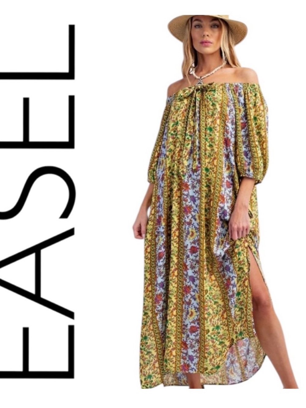Bohemian Off-Shoulder Floral Maxi Dress - Yellow Multi